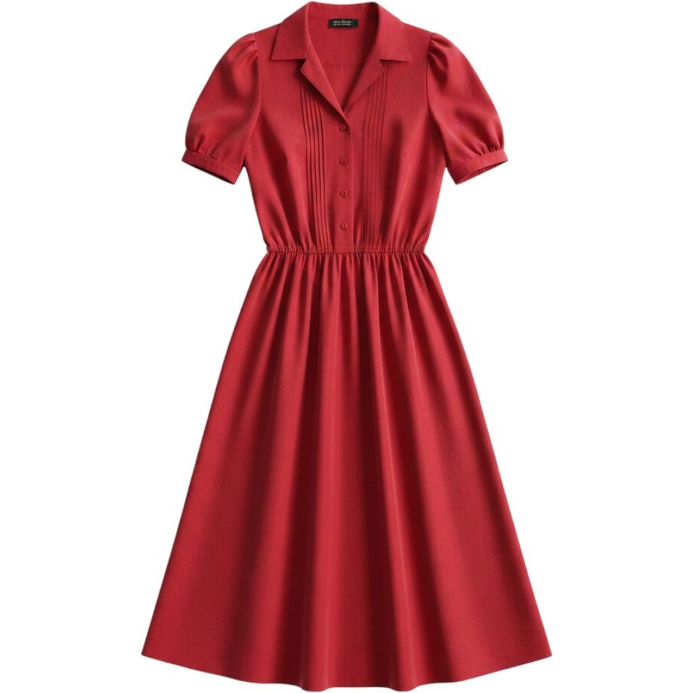 Vintage Sasson Red Pintuck Midi Dress Short Sleeve Button Front Fit Flare 12/13